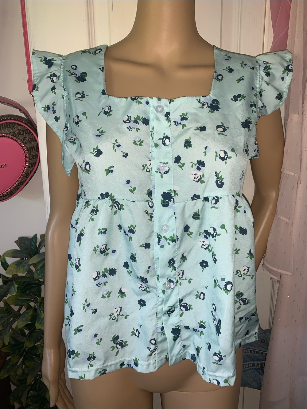 square neckline blue floral ruffle sleeve empire button down babydoll top S